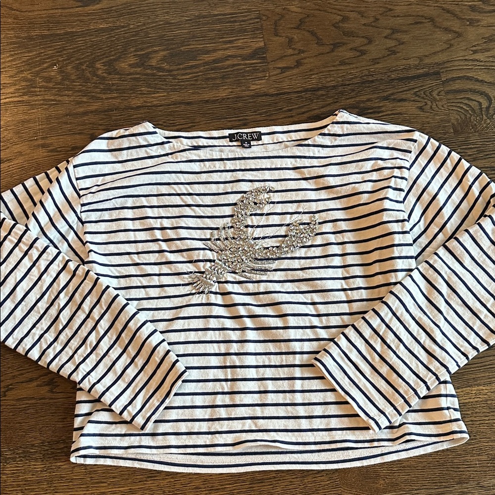 J. Crew Navy and White Striped Top with Lobster Motif